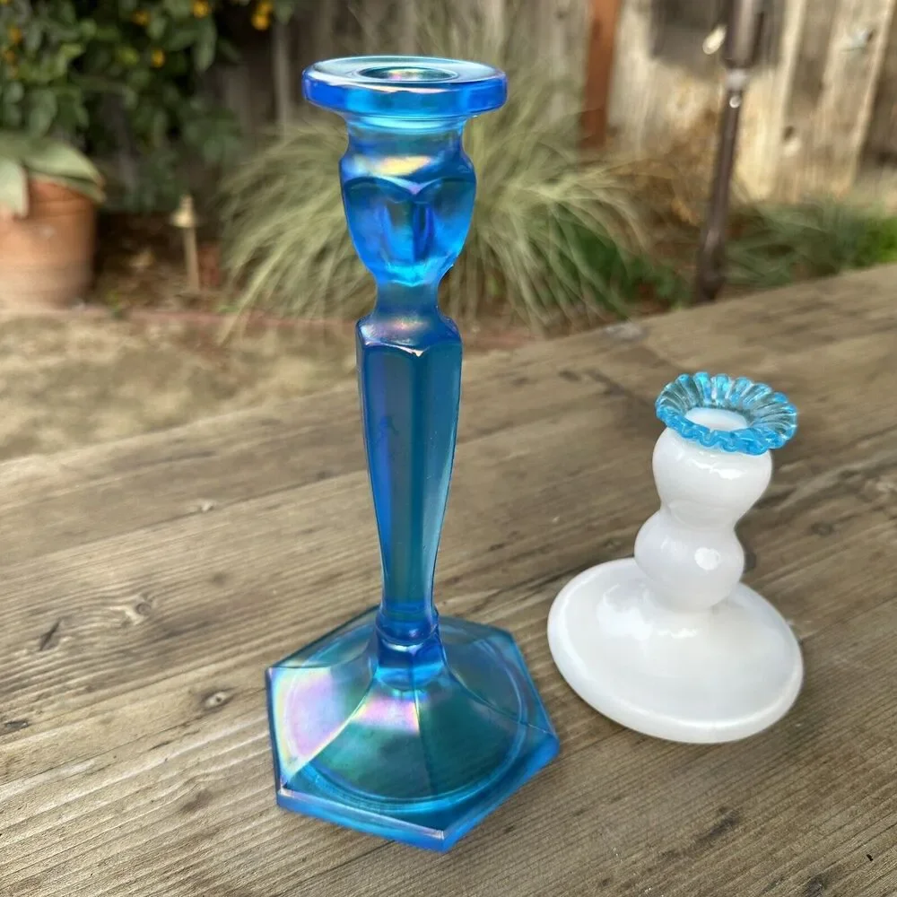 Fenton Celeste Blue Stretch Glass and Aqua Crest Candle holders Mantel Decor